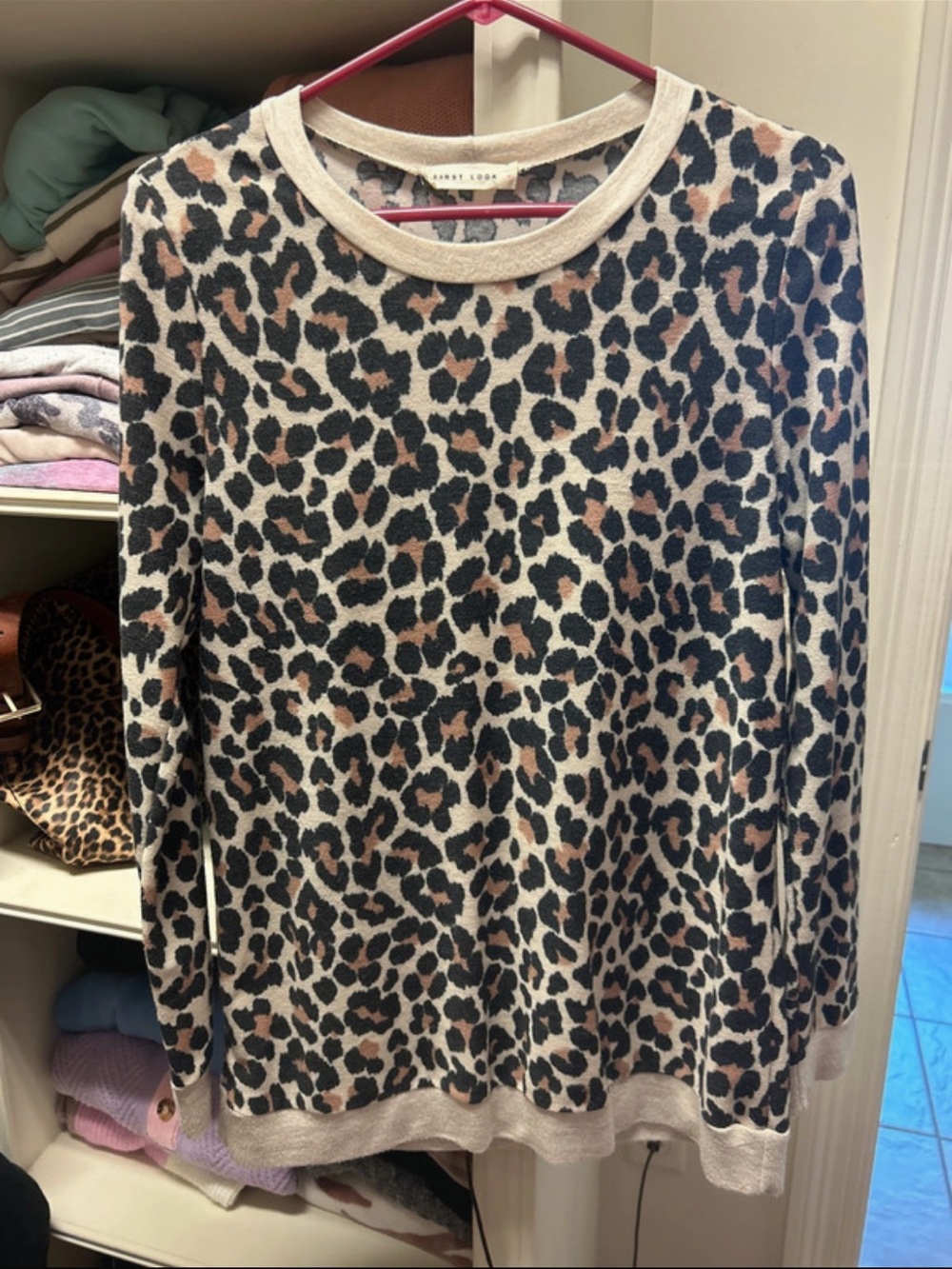 First Love Leopard Print Crewneck Sweater in Beige, Black & Brown